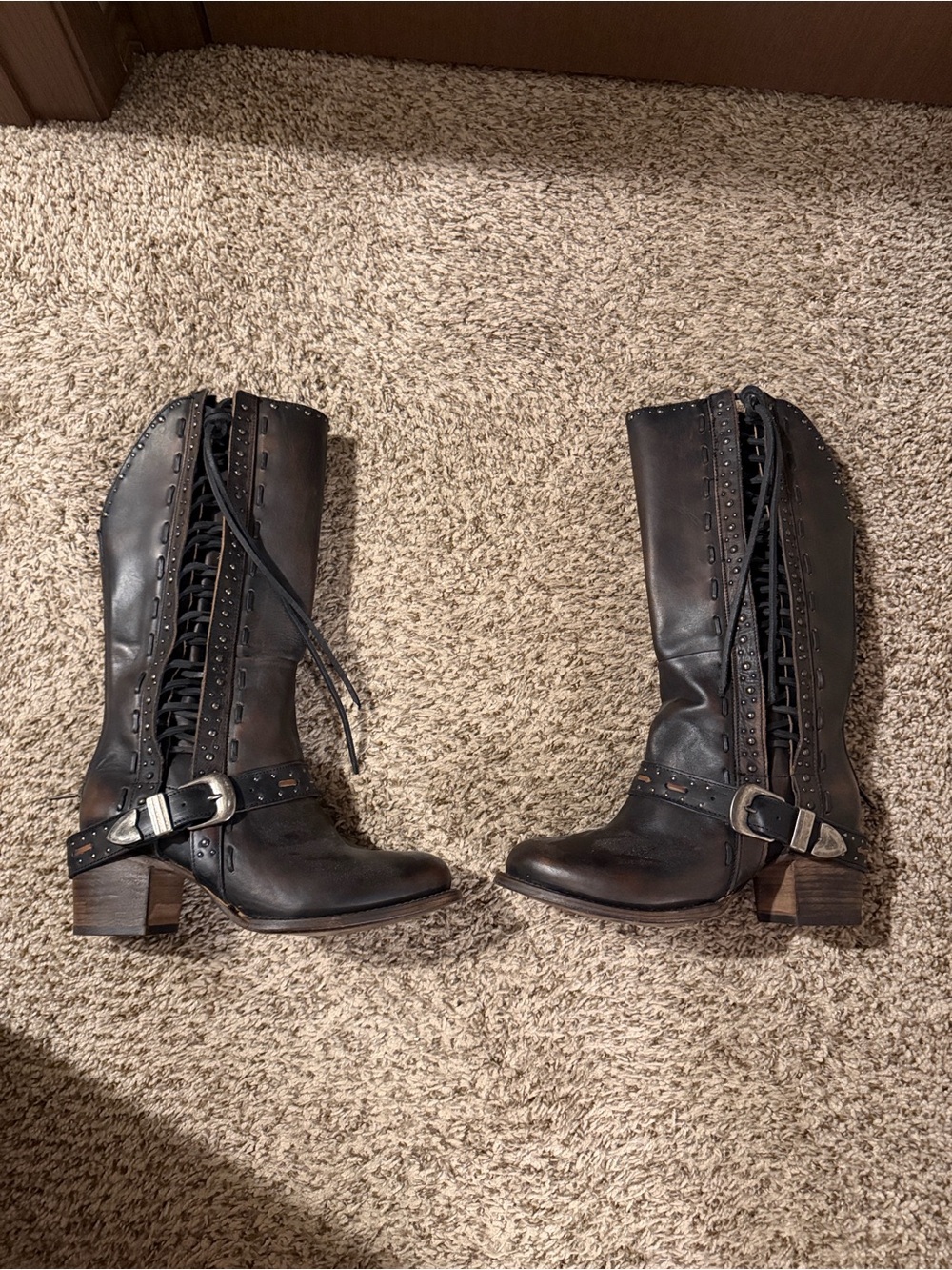 Discontinued Freebird by Steven Black Lace-Up Studded Mid-Calf Boots Contour